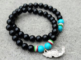Black Obsidian and Turquoise gemstone bracelets with and without a Mexico charm