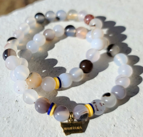 Flower Agate gemstone bracelets with and without a Montana state charm